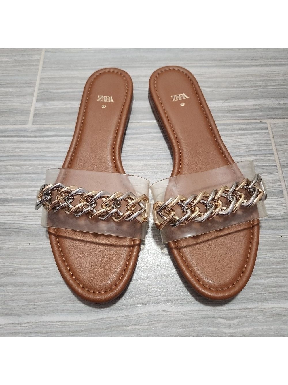 Zara Flat Vinyl Slider Sandals with Chain EU Size 37/US size 6